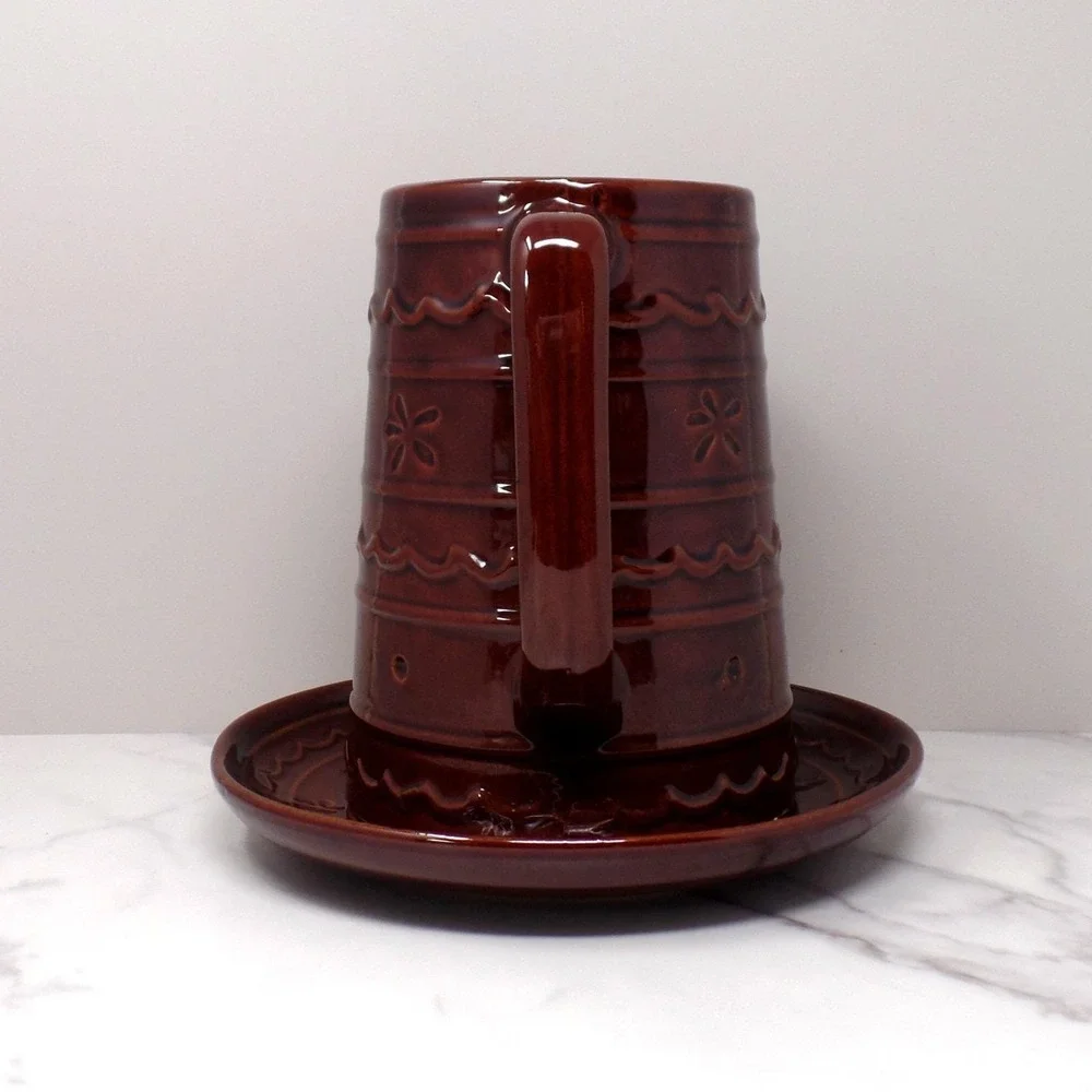 Vintage Marcrest Ceramic Pitcher and Underplate, Brown Daisy and Dot (1950s)
